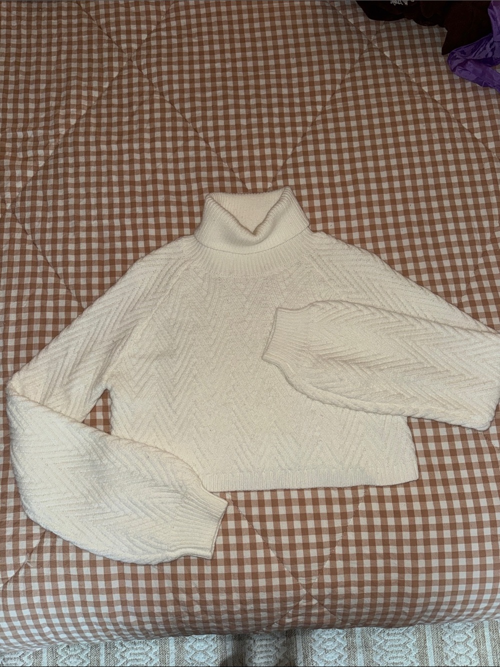 Cropped Cream Cable-Knit Turtleneck Sweater